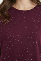 Kadın Etek Ucu Oval Taşlı Tshırt  Bordo