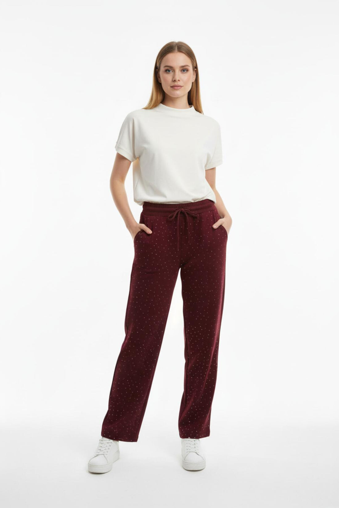 Bordeaux Wijde Broek Met Siersteentjes