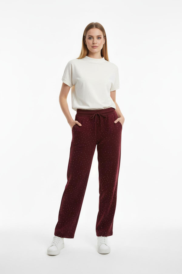 Bordeaux Wijde Broek Met Siersteentjes
