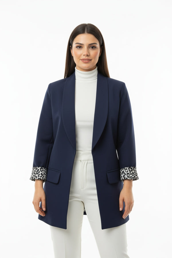Blazer Met Sjaalkraag En Luipaardvoering — Marineblauw