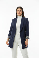 Blazer Met Sjaalkraag En Luipaardvoering — Marineblauw
