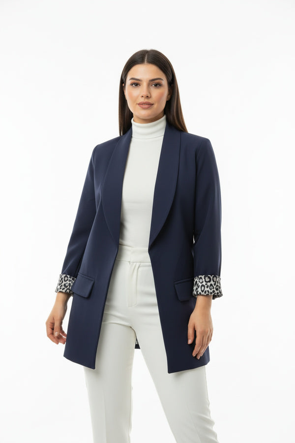 Blazer Met Sjaalkraag En Luipaardvoering — Marineblauw