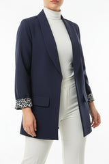 Blazer Met Sjaalkraag En Luipaardvoering — Marineblauw