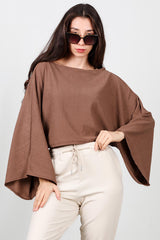 Blouse Met Vleermuismouwen En Boothals — Bruin