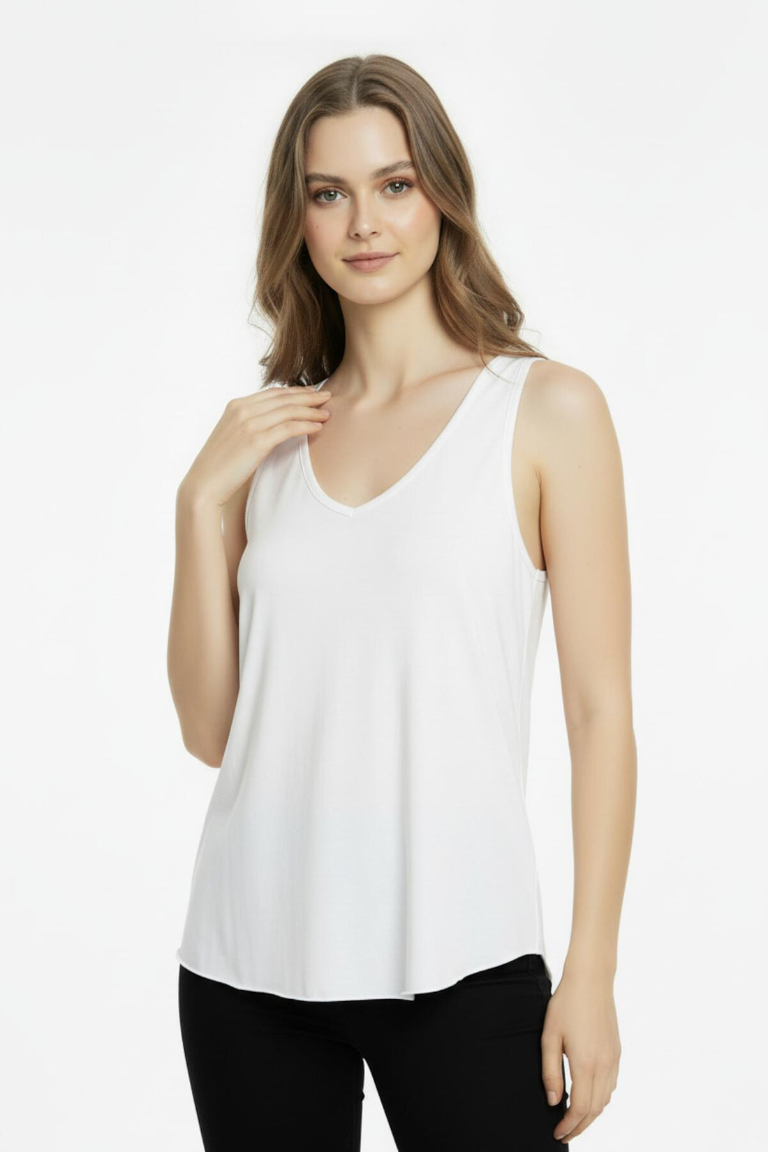 V‑Hals Top Met Afgeronde Zoom – Off‑White