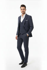 Zegna Gemêleerd 3 - Delig Pak – Marineblauw