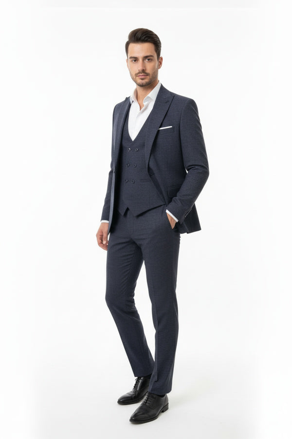 Zegna Gemêleerd 3 - Delig Pak – Marineblauw