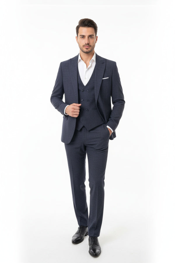 Zegna Gemêleerd 3 - Delig Pak – Marineblauw