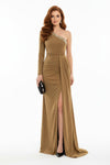 One - Shoulder Fluwelen Avondjurk - Geel