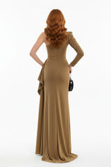 One - Shoulder Fluwelen Avondjurk - Geel