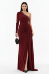 Bordeaux Fluwelen One - Shoulder Avondjurk