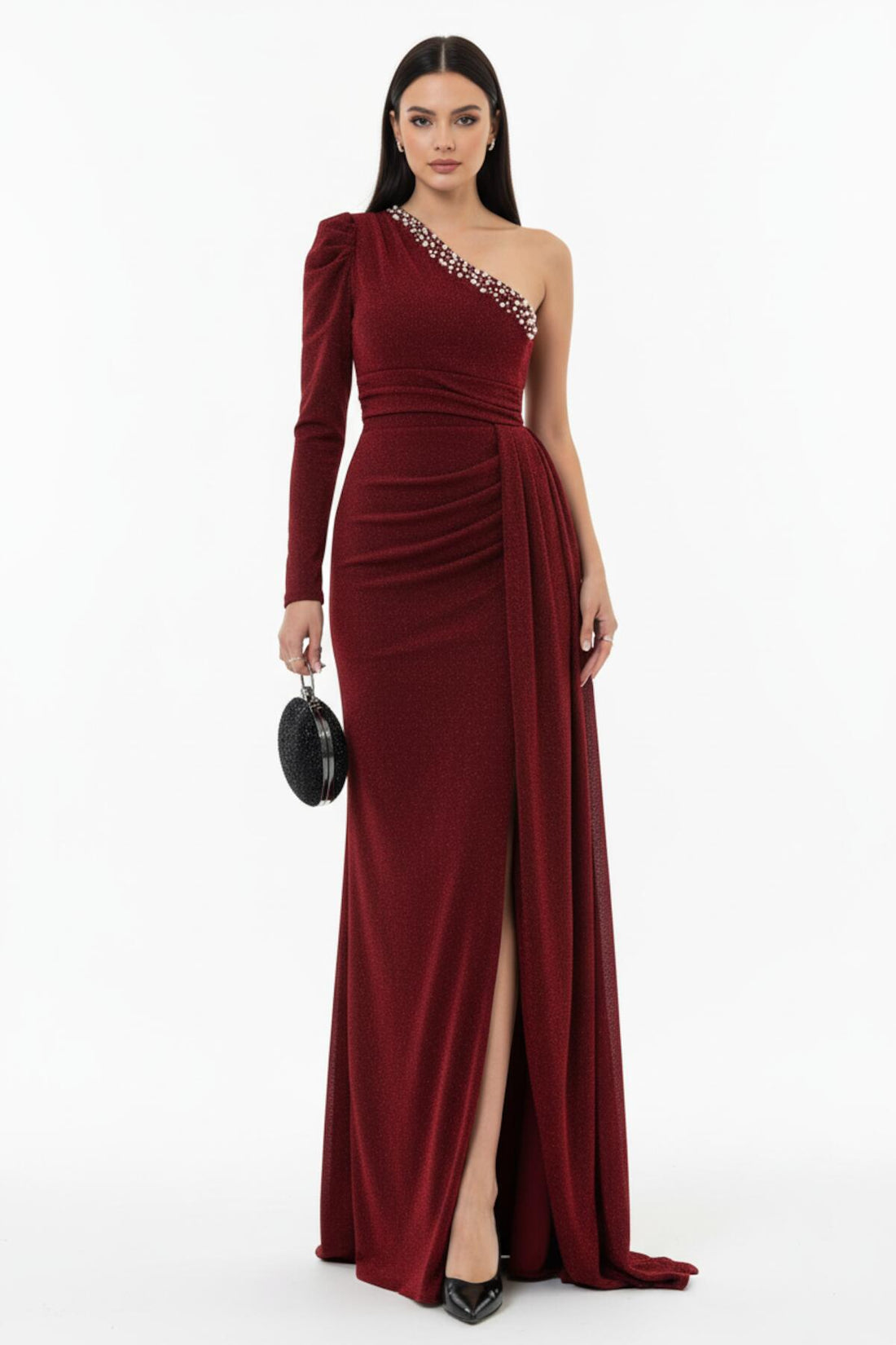 Bordeaux Fluwelen One - Shoulder Avondjurk