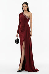 Bordeaux Fluwelen One - Shoulder Avondjurk