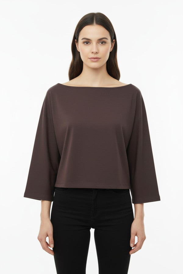 Blouse Met Lage Schouderlijn En Wijde Mouwen — Bruin