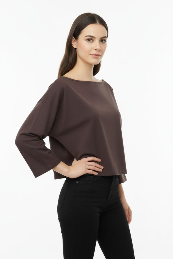 Blouse Met Lage Schouderlijn En Wijde Mouwen — Bruin