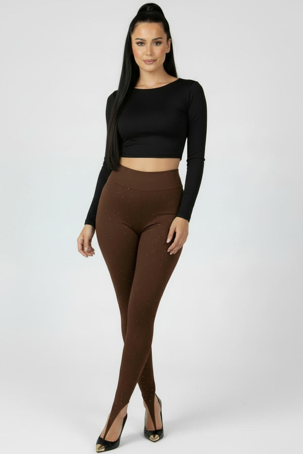 Legging Met Voetlus En Siersteentjes – Bruin