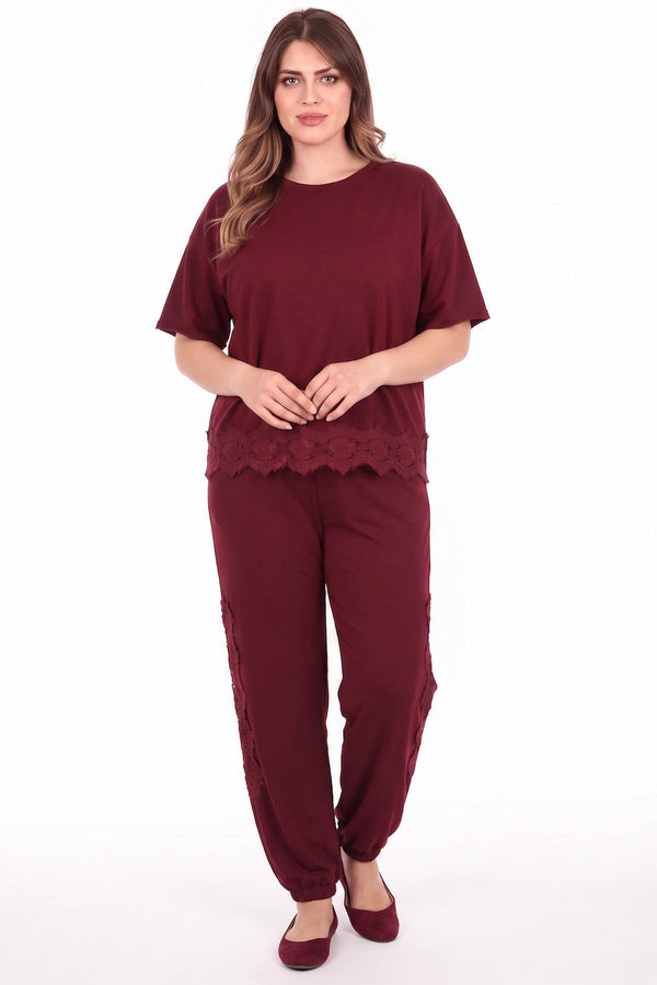Plus‑Size Tweedelige Set Met Kantdetail — Bordeaux