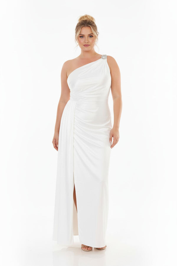 Plus - Size Lange Satijnen Avondjurk Met Schouderdetail — Wit