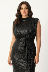 Plus - Size Mouwloze Paillettenjurk Met Ceintuur — Zwart