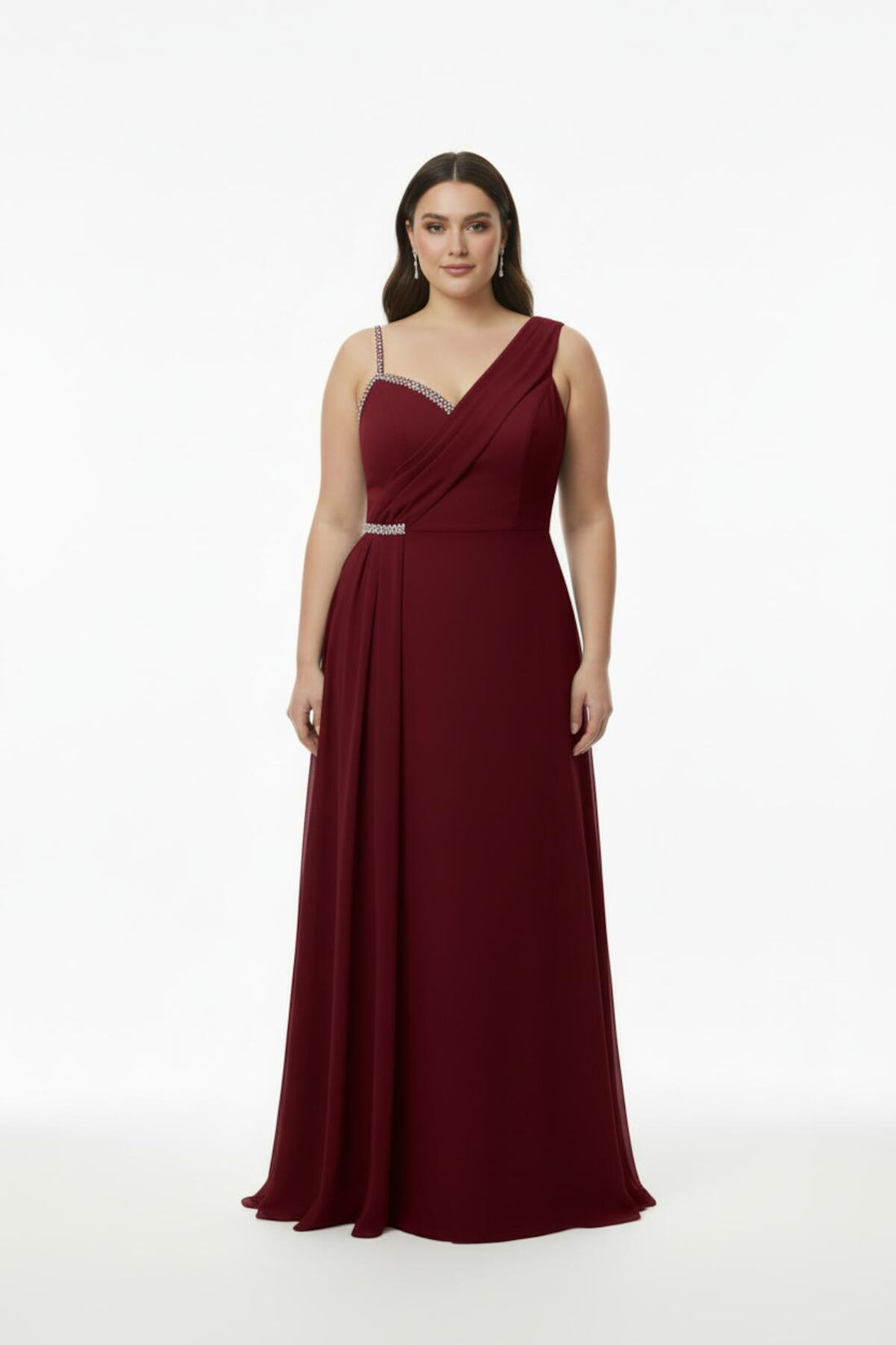 Plus - Size Mouwloze Lange Avondjurk, Gevormd Bij Buste En Taille — Bordeaux