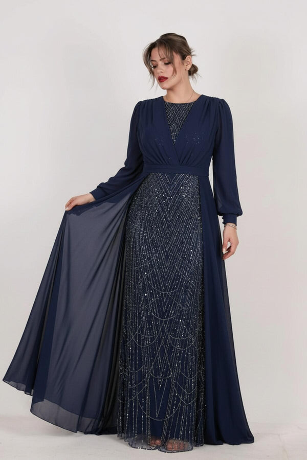 Plus - Size Pailletten Avondjurk Met Chiffonmouwen, Marineblauw
