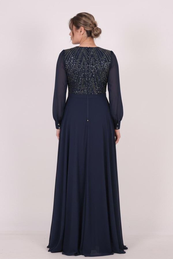 Plus - Size Pailletten Avondjurk Met Chiffonmouwen, Marineblauw