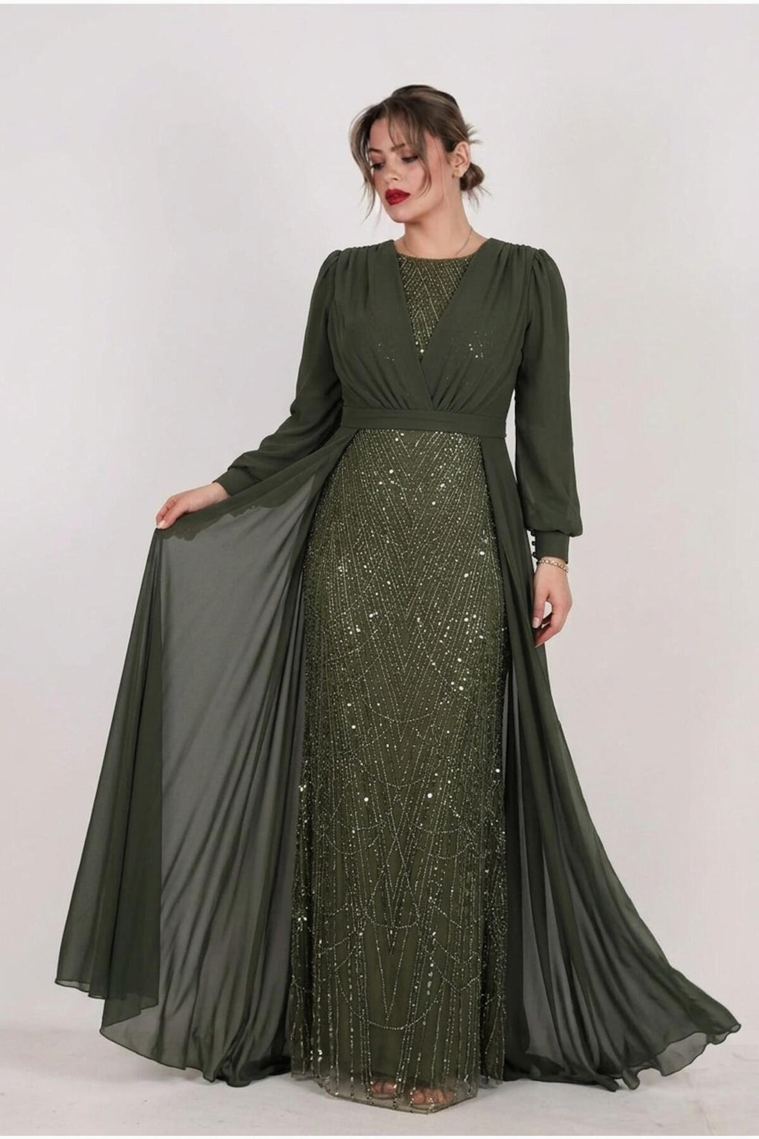 Plus - Size Avondjurk Met Paillettenbovenstuk En Chiffonmouwen – Groen