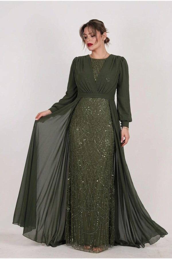 Plus - Size Avondjurk Met Paillettenbovenstuk En Chiffonmouwen – Groen