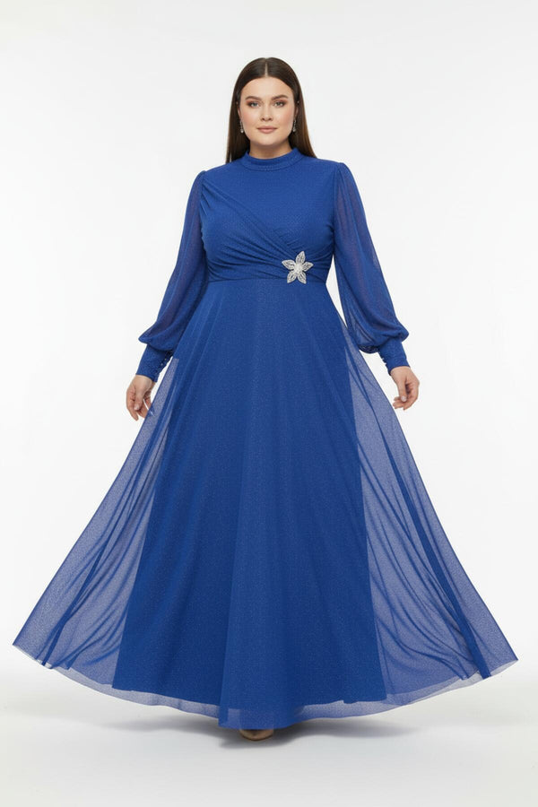 Plussize Geplooide Lange Avondjurk Met Tailledetail — Koningsblauw