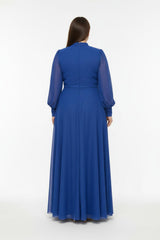 Plussize Geplooide Lange Avondjurk Met Tailledetail — Koningsblauw