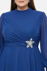 Plussize Geplooide Lange Avondjurk Met Tailledetail — Koningsblauw