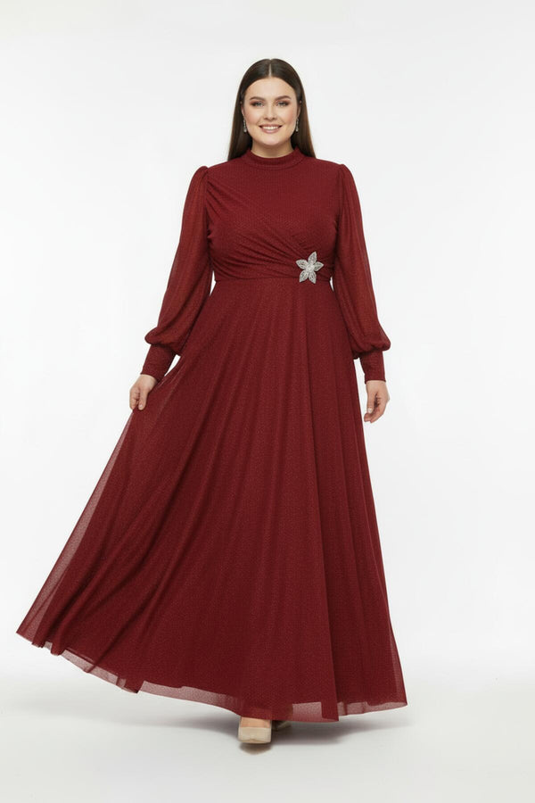 Plus - Size Lange Geplooide Avondjurk Met Taille - Detail — Rood