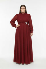 Plus - Size Lange Geplooide Avondjurk Met Taille - Detail — Rood