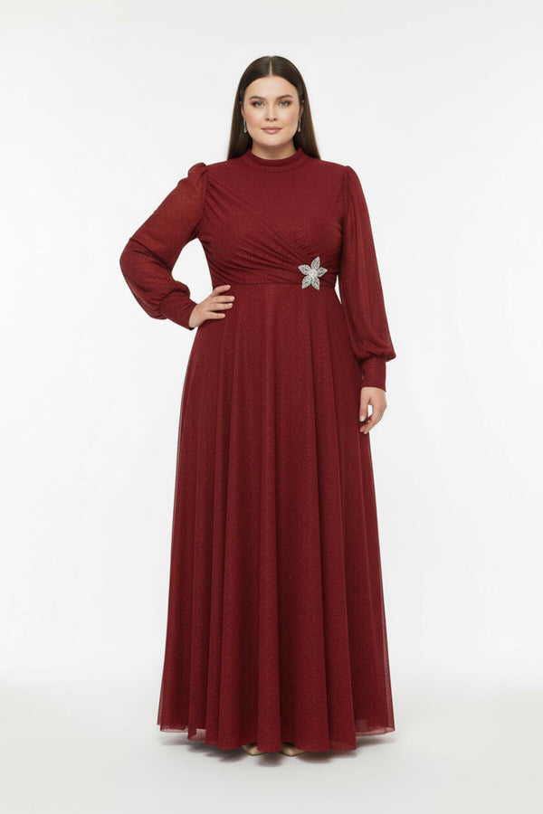Plus - Size Lange Geplooide Avondjurk Met Taille - Detail — Rood