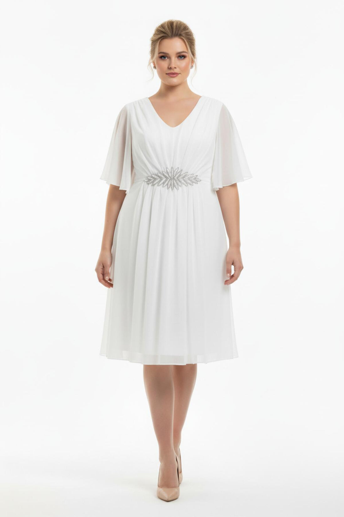 Witte Plus‑Size Midi Jurk Van Glittertule Met Stenen In De Taille