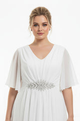 Witte Plus‑Size Midi Jurk Van Glittertule Met Stenen In De Taille