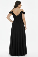 Langes Plissiertes Abendkleid Mit Kettenträgern – Schwarz (Große Größen)