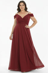 Plissiertes Langes Abendkleid Mit Kettenträgern – Burgunder (Große Größen)