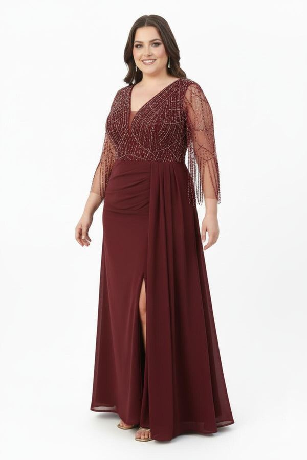Bordeaux Chiffon Avondjurk Met Pailletten En Kralen — Grote Maten