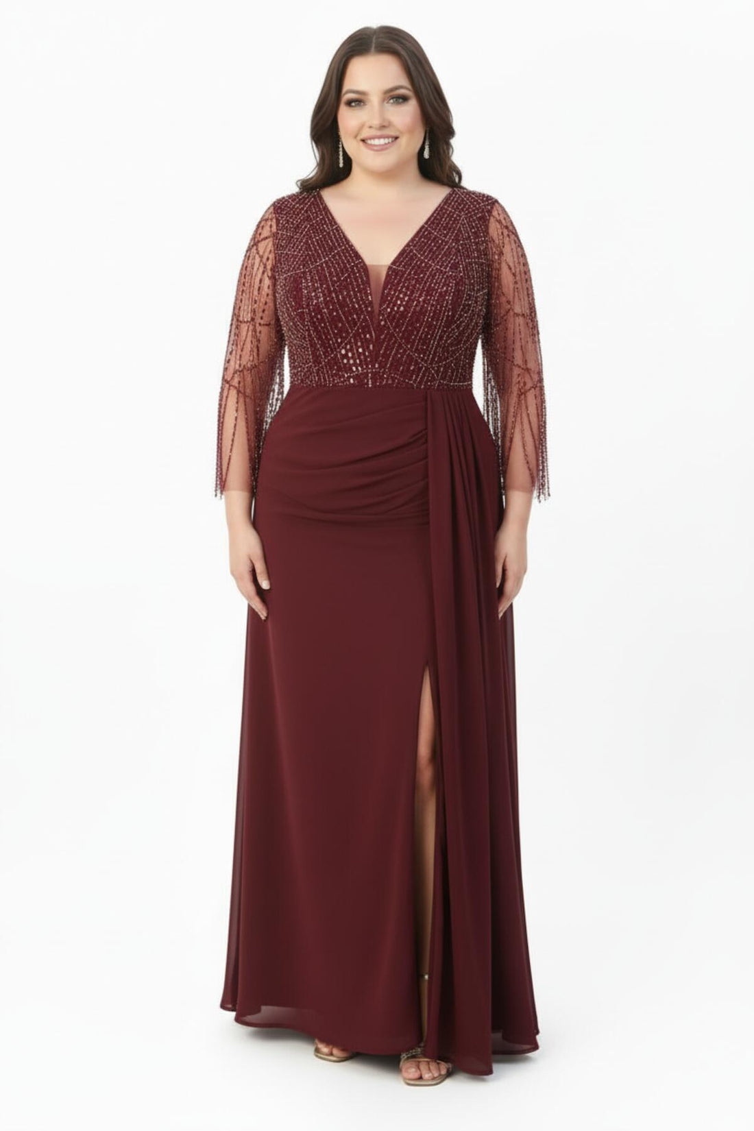 Bordeaux Chiffon Avondjurk Met Pailletten En Kralen — Grote Maten