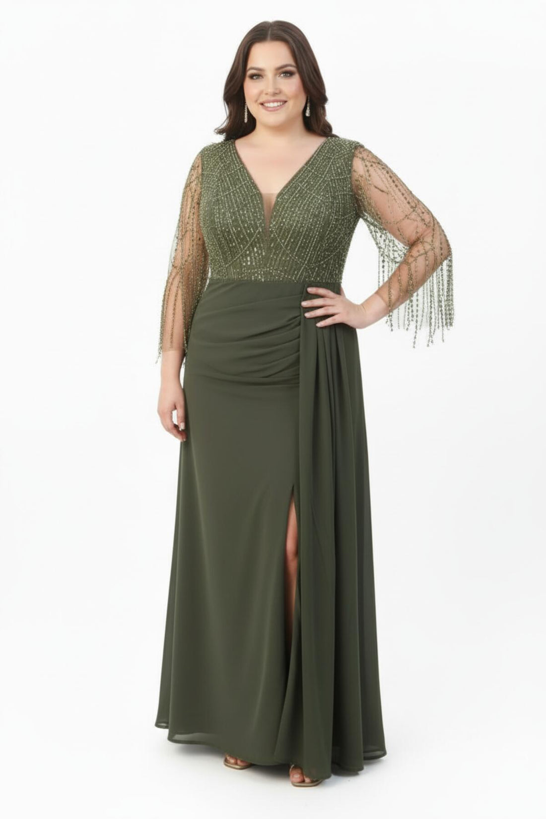 Khaki Chiffon Galajurk In Grote Maat Met Pailletten En Kraaltjes