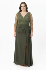 Khaki Chiffon Galajurk In Grote Maat Met Pailletten En Kraaltjes