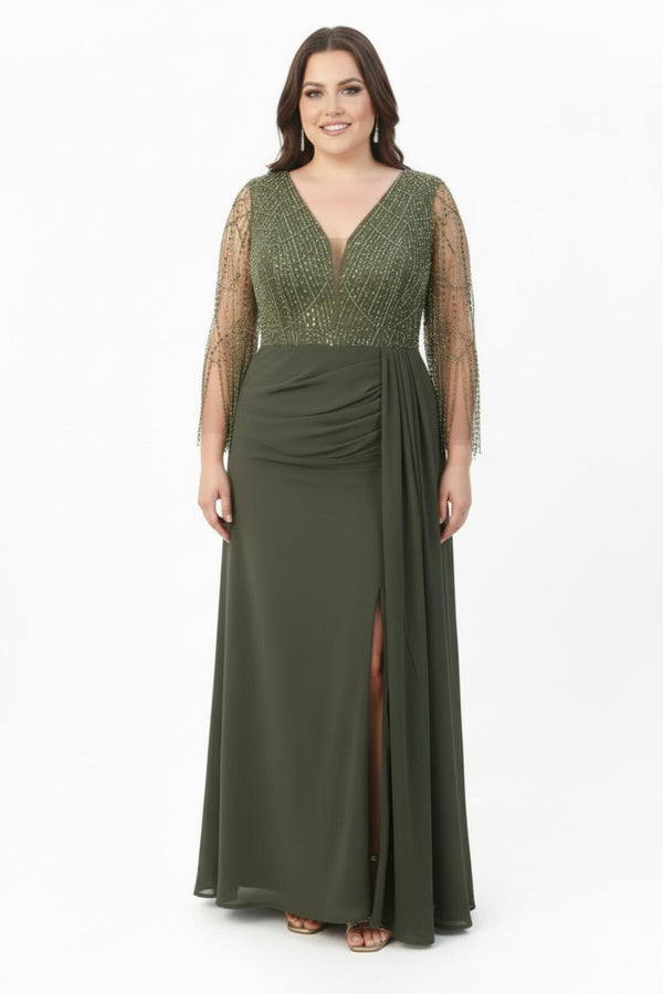 Khaki Chiffon Galajurk In Grote Maat Met Pailletten En Kraaltjes