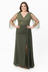 Khaki Chiffon Galajurk In Grote Maat Met Pailletten En Kraaltjes
