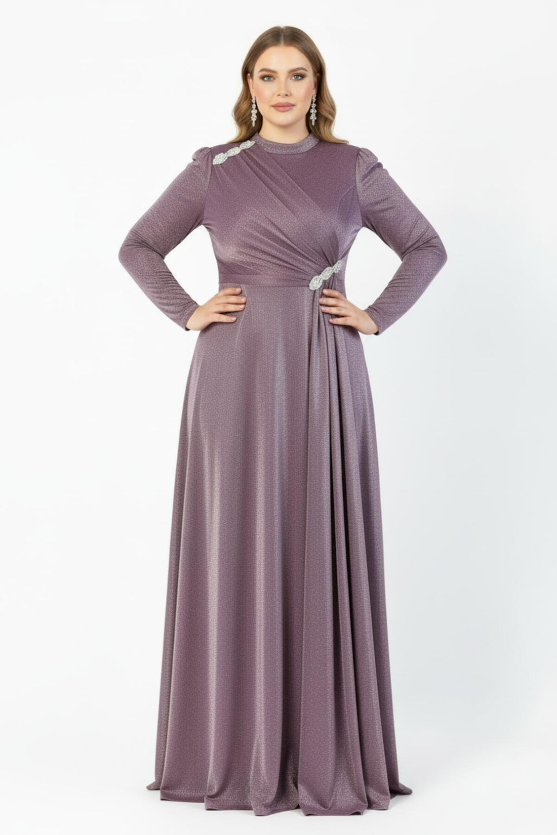 Avondjurk In Grote Maat Met Taille - En Schouderdetails — Poederroze