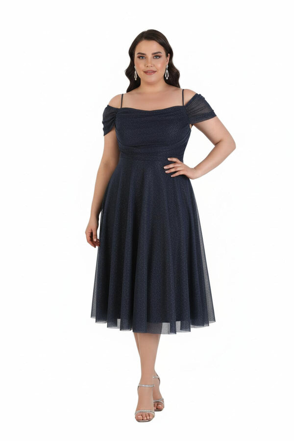 Plus - Size Off - Shoulder Midijurk — Marineblauw