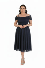 Plus - Size Off - Shoulder Midijurk — Marineblauw