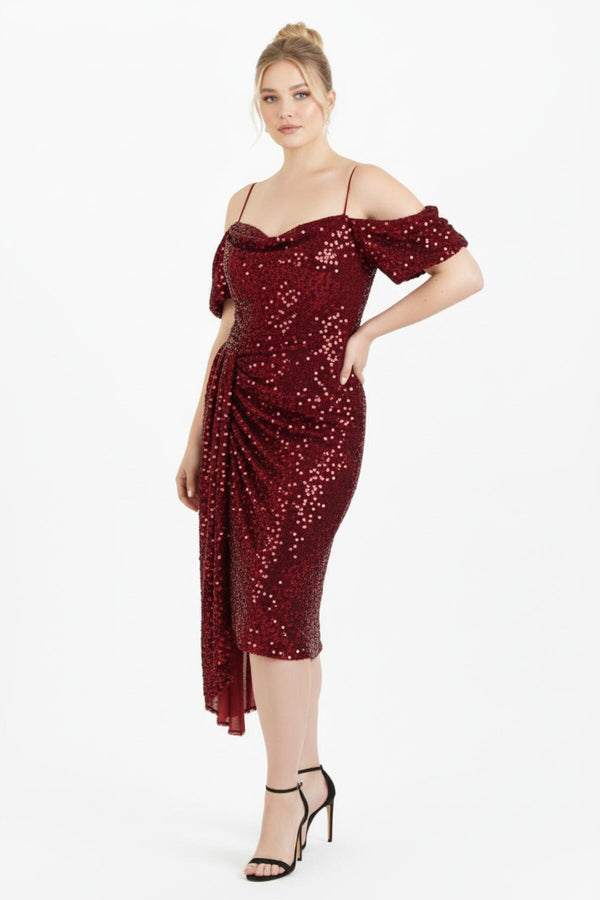 Plus - Size Off - Shoulder Pailletten Midi - Jurk — Rood