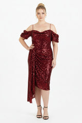 Plus - Size Off - Shoulder Pailletten Midi - Jurk — Rood