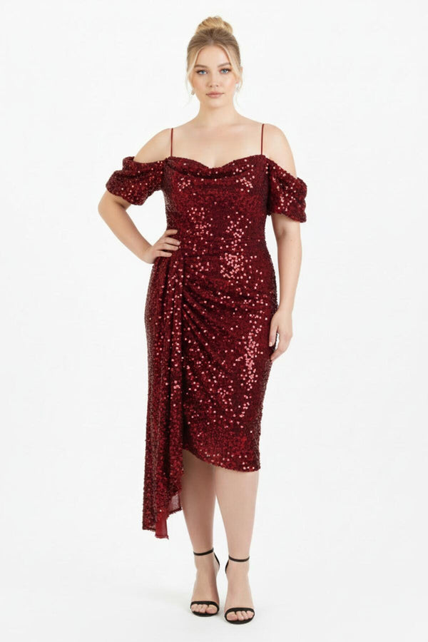 Plus - Size Off - Shoulder Pailletten Midi - Jurk — Rood